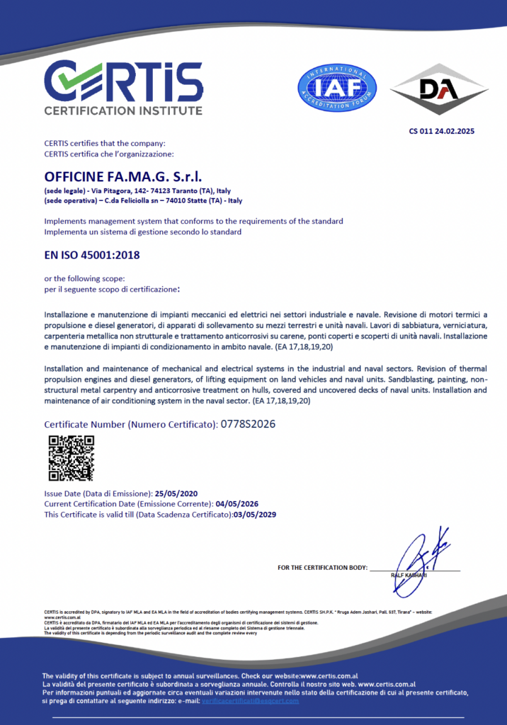 Certificazioni Officine Famag Taranto
